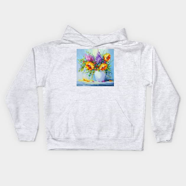 Bouquet of yellow flowers in a vase Kids Hoodie by OLHADARCHUKART